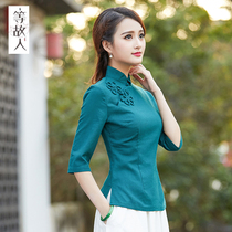 Chinese style Tang suit retro buckle Chinese modified cheongsam top female summer tea artist clothing cotton linen tea woman