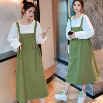 Korean maternity wear autumn dress foreign style cotton T-shirt with back strap skirt two-piece pregnant dress autumn