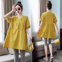 Maternity summer top womens two-piece suit 2021 spring and summer fashion short-sleeved T-shirt summer cotton shirt foreign style