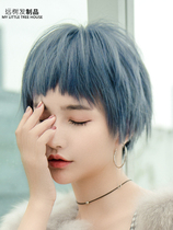 Wig female summer short hair shape Korean handsome color dog gnaw bangs gray blue ultra short wig set full head simulation