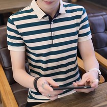 YAKX fashion short-sleeved polo shirt mens summer striped lapel slim mens t-shirt thin casual mens top clothes