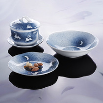  Japan imported Mino yaki cute Blue moon rabbit underglaze ceramic tea bowl Steamed egg soup stew cup refreshment small dish bowl