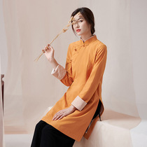 2021 Autumn New Chinese style tea Zen clothing long retro buckle stand collar solid color coat women