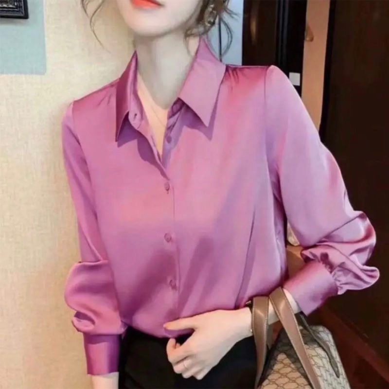 高品質のサテンシャツ長袖カーディガン女性の春と秋の新しいスタイルのポロ襟気質トップシンプルなルーズシャツ