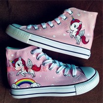 Hand-painted shoes high canvas shoes womens pink unicorn cartoon figure student Joker graffiti shoes customization