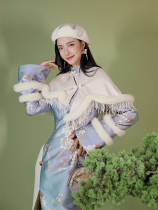 Four Jin homemade Ting Lan Guofeng girl thick sweet elegant autumn and winter cloak set improved cheongsam dress