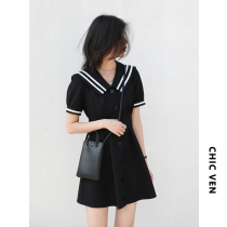  CHICVENIsland Retro College style v-neck Contrast Navy collar dress Summer a-line waist skirt