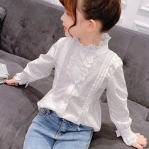 Girls Shirt Autumn 2021 New Winter Plus Velvet White Lace Blouse Children Long Sleeve base shirt