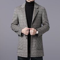 Plaid wool woolen coat mens long autumn and winter high-end business leisure middle-aged fashion Mens woolen coat
