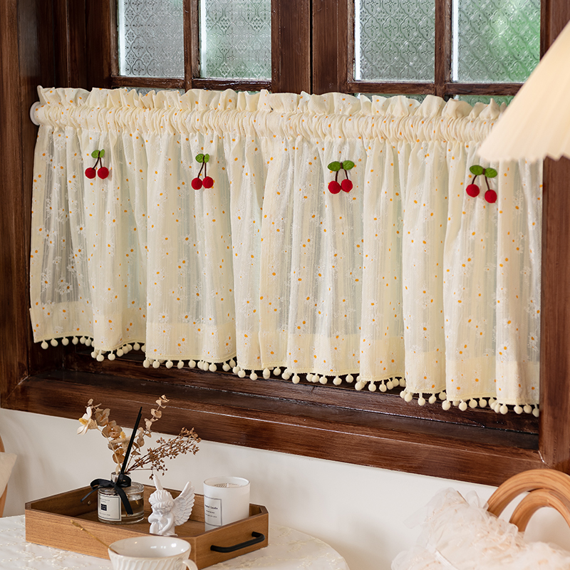 フレンチ牧歌的なスタイルの花デイジークリームカーテン女の子の寝室のドアカーテンパンチングなしベルクロショートカーテンハーフカーテン