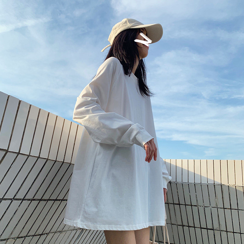 2020 spring  autumn and winter new white long-sleeved t-shirt womens loose-fitting mid-length cotton t-shirt top ins tide