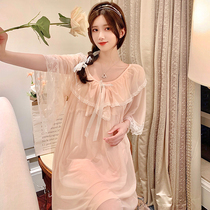 Spring Autumn Sleeping Dress Woman Summer Pure Cotton 2022 New Sexy Palace Lace Mesh Yarn With Chest Mat Pink Pyjamas Dress