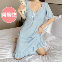 Short Sleeve Sleeping Dress Woman Summer Slim pure cotton 2022 New sexy lotus leaf with chest cushion sleepwear skirt blue