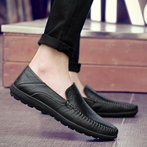 2022 spring new bean-bean shoes mens genuine leather casual leather shoes anti-slip 100 hitch-style Lazy Shoes Soft Bottom Breathable Shoes