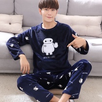 Coral fleece pajamas winter thickened plus fleece casual loungewear long sleeve flannel mens fall winter student set