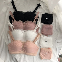 Korean version of the rimless girl underwear set Autumn sexy upper bracket gathered small bra Japanese lace bra