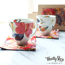 Japanese imported beauty thick burning ceramic and blue mark Cup watercolor cherry flower Japanese pair Cup wooden gift box gift