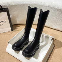 Hong Kong boots womens 2022 new leather V-mouth thick-heeled thick-soled high-tube all-match but knee boots knight boots