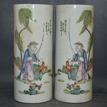  Republic of China hand-painted pastel fishing Weng Deli character pattern hat tube pair of antiques antique collection fine ceramic ornaments