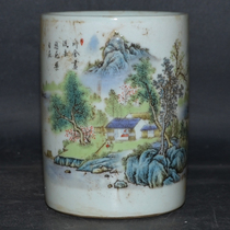 Antique collection of antique antique porcelain Jingdezhen endless flow of landscape people round Pen Holder