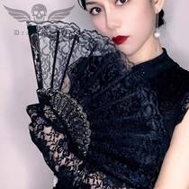 Lace Cheongsam Fan Placing Props Black Retro Gothic Chinese Style lolita Female Live Sexy Summer Loli