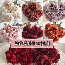 Wedding simulation autumn Thai-style peony decoration dark red retro fake flowers peony-medicine simulation blue big oil painting peony