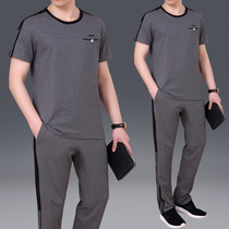 Middle Aged Sports Suit Mens Summer Short Sleeve Long Pants Pure Cotton Round Collar Casual Running Suit Big Code Loose two sets