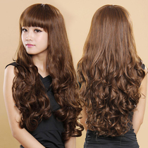 Wig female long curly hair big waves temperament qi bangs fluffy face repair full head whole wig cute light brown