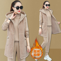 Brand sportswear suit women loose 2021 autumn and winter new casual fashion plus velvet padded three sets