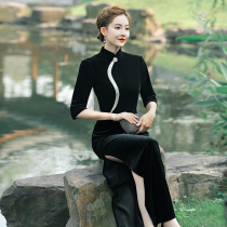 Black velvet cheongsam autumn 2021 New elegant temperament noble purple high-end stage catwalk cheongsam