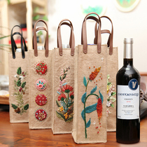  European-style hand-embroidered jute bag Finished red wine bottle cover storage bag bag dust bag Gift packaging bag Portable
