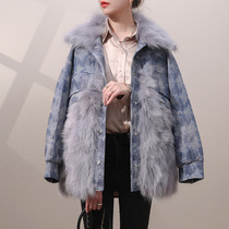 2021 Winter new denim raccoon wool mosaic fur coat womens short small fur one coat