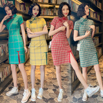 Retro short cheongsam 2021 summer plaid thin young girls daily literature and art improved version of cheongsam dress