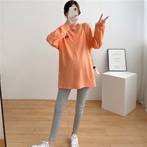 Pregnant womans spring clothing blouses pure cotton T-shirt with long section Korean version loose fashion spring and autumn long sleeve tangerine jersey out of the way