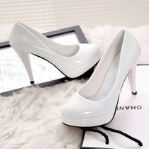 10CM high heels waterproof table sexy heel womens single shoes round head shallow foot set Korean womens shoes patent leather shoes summer