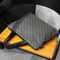Leather handbag mens horizontal business briefcase cowhide shoulder bag computer bag fashion trend plaid messenger bag