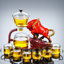 2021 New cow glass automatic tea set set household induction teapot tea cup magnetic suction water lazy people make tea