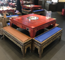 Custom solid wood marble Chinese retro carved hot pot table and chair red made old pool duck blood hot pot table