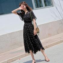  European station 2021 summer new plus size black thin and long printed chiffon temperament floral dress womens clothing