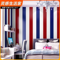 European and American style wallpaper pure paper retro boy boy bedroom Childrens room red and blue vertical stripes British style wallpaper