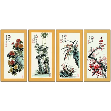 中国古美術・梅兰竹菊 四条屏画芯・黄永玉印款・彩色画・純手描き・宣紙・水印付き 梅兰竹菊四条屏纯手绘画芯-梅兰竹菊四条屏纯手绘画芯促销价格、梅兰竹