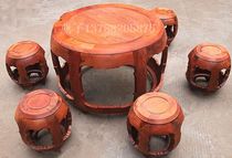 Mahogany furniture Myanmar rosewood dining table Raw grinding drum-shaped dining table Solid wood round table stool 7-piece set of large fruit rosewood