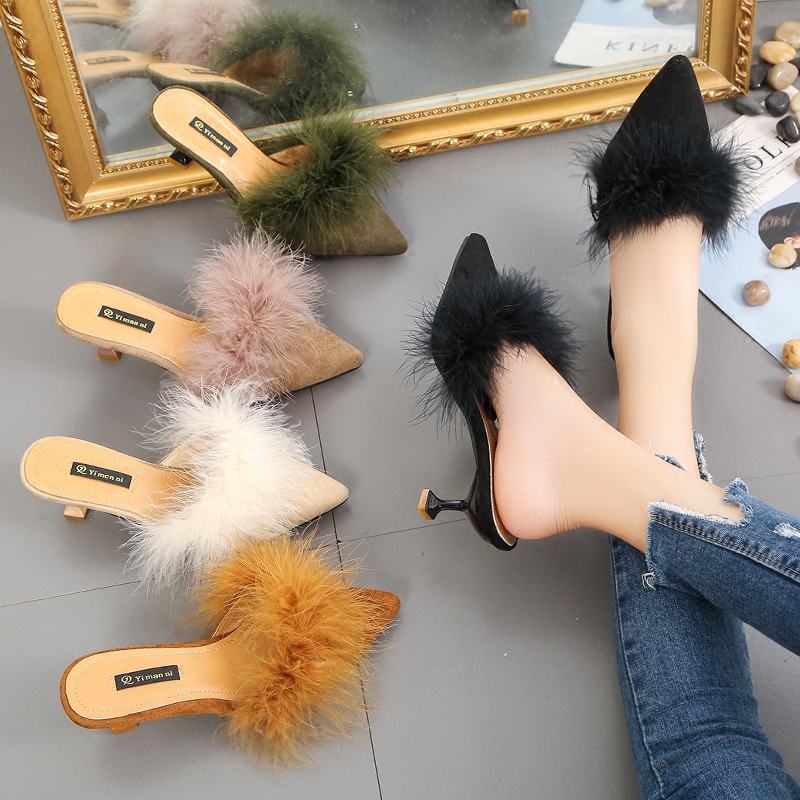 Ostrich Fur Shoes Slippers Summer 2019 New Korean Edition Fashion Outside Baotou High-heeled Shoes Autumn Baitie Women's Shoes