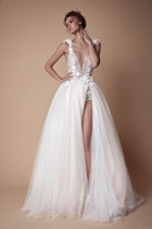 Private custom BERTA light travel forest series European and American sexy deep V collar wedding dress temperament simple hot selling women